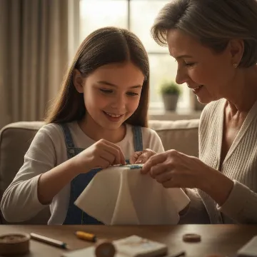 Young Clara Whittaker cross stitching with grandmother