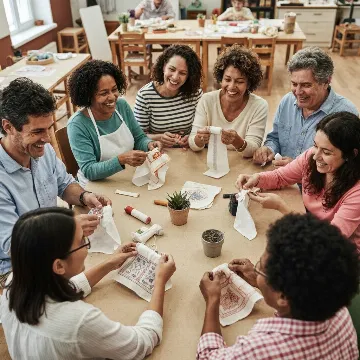 Diverse group of people cross stitching together, smiling