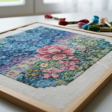 Detailed photo of a partially completed cross stitching project with vibrant threads and a needle, showcasing intricate detail.