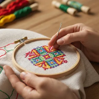 Close-up of hands cross stitching a vibrant pattern, with colorful threads and a needle, on a well-lit wooden table.