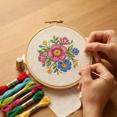 Close-up of hands cross-stitching a vibrant floral pattern in a wooden hoop, with colorful threads and needles visible, on a light wooden table.